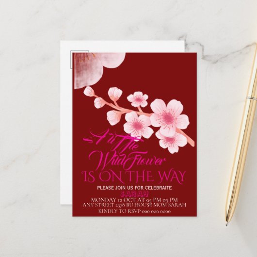 Editable A Little Wildflower Baby Shower Invitatio 案内ポストカード (正面/裏面インサイチュ)