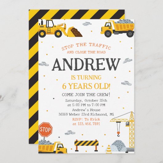 Editable A Modern Construction Birthday Party 招待状 (正面/裏面)