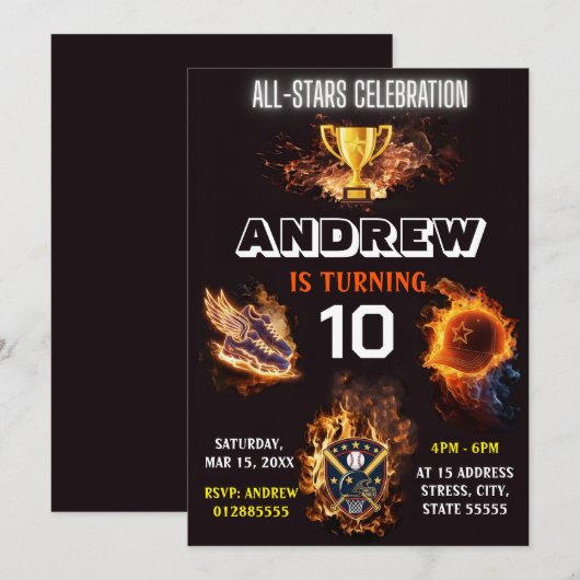 Editable All Star Sports Birthday Invitation 招待状 (正面/裏面)
