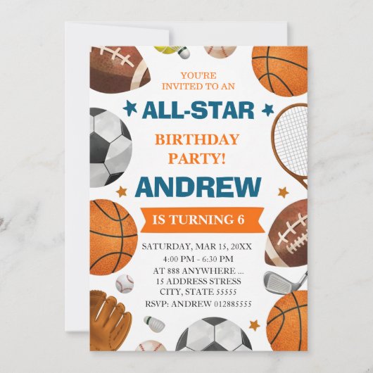 Editable All Star Sports Birthday Invitation 招待状 (正面)