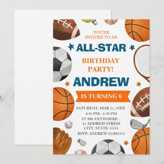 Editable All Star Sports Birthday Invitation 招待状 (正面/裏面)