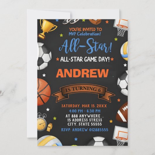 Editable All Star Sports Birthday Invitation 招待状 (正面)