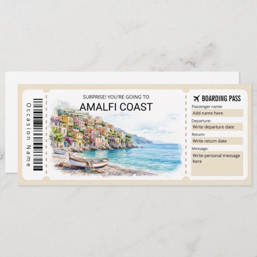 Editable Amalfi Coast Trip Boarding Pass Ticket 招待状 (正面/裏面)