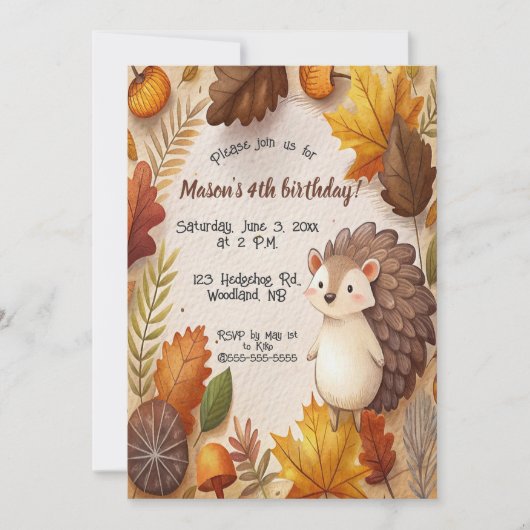 Editable Autumn Leaves and Hedgehog Birthday 招待状 (正面)