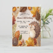 Editable Autumn Leaves and Hedgehog Birthday 招待状 (スタンド正面)