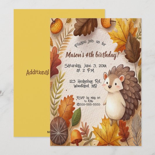 Editable Autumn Leaves and Hedgehog Birthday  招待状 (正面/裏面)