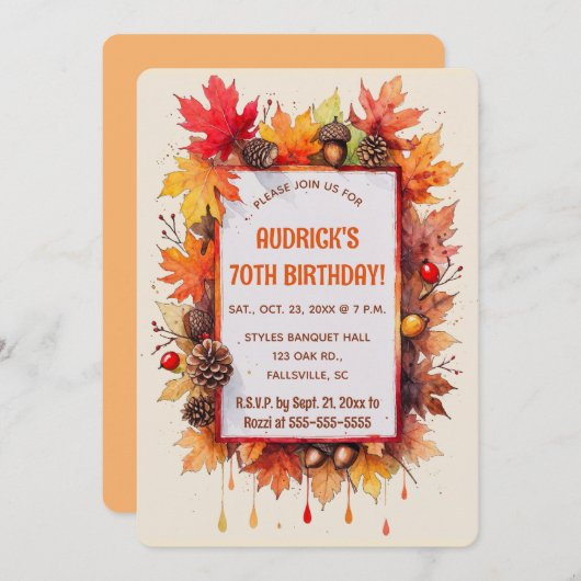 Editable Autumn Maple and Acorns 招待状 (正面/裏面)