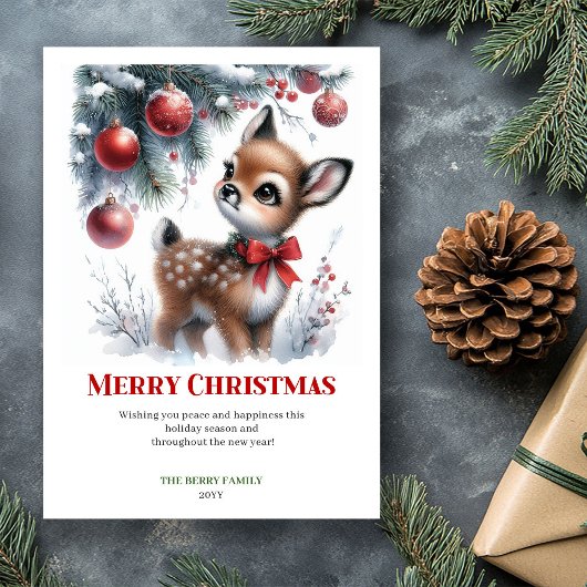 Editable Baby Deer Snowy Forest Watercolor Xmas シーズンカード