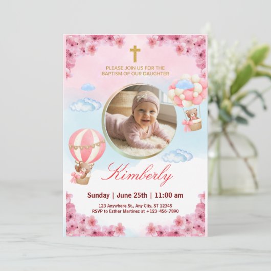 Editable Baby Girl Baptism Invitation 招待状 (スタンド正面)
