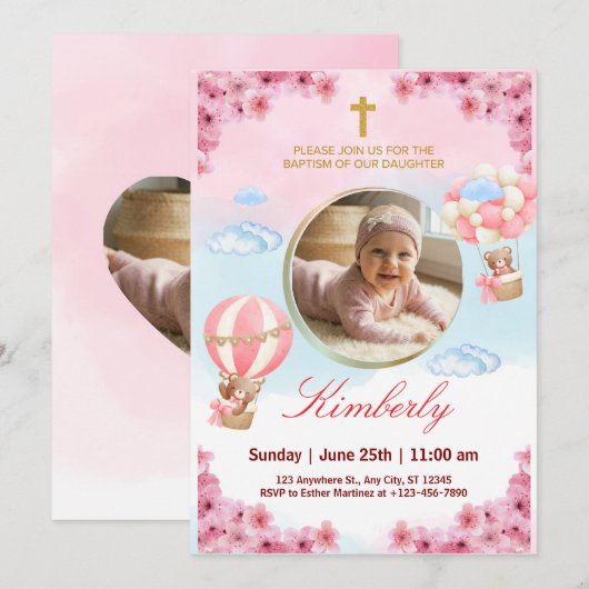 Editable Baby Girl Baptism Invitation 招待状 (正面/裏面)