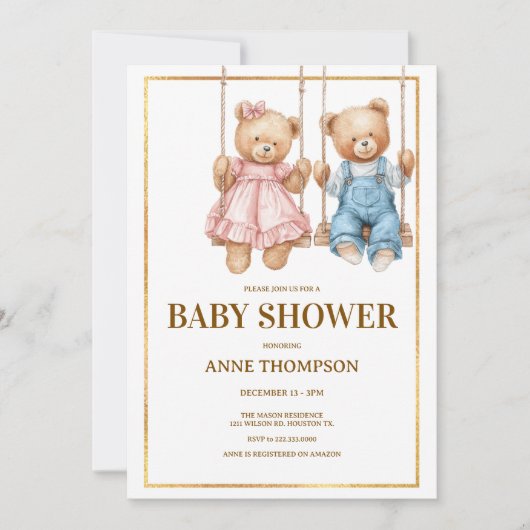 Editable Baby Shower – Cute Teddy Bear 招待状 (正面)