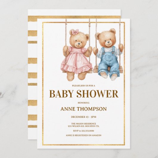 Editable Baby Shower – Cute Teddy Bear  招待状 (正面/裏面)