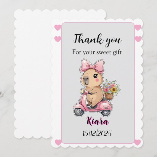 Editable Baby Shower Thank You Card Cute capybara 招待状 (正面/裏面)