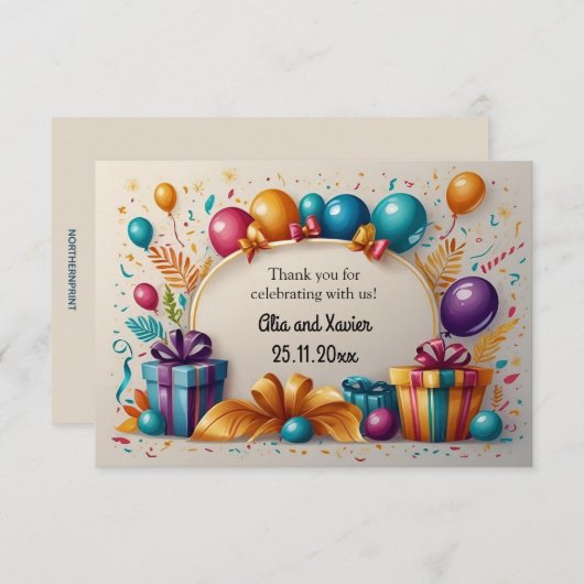 Editable Balloons and Presents Notecard 招待状 (正面/裏面)