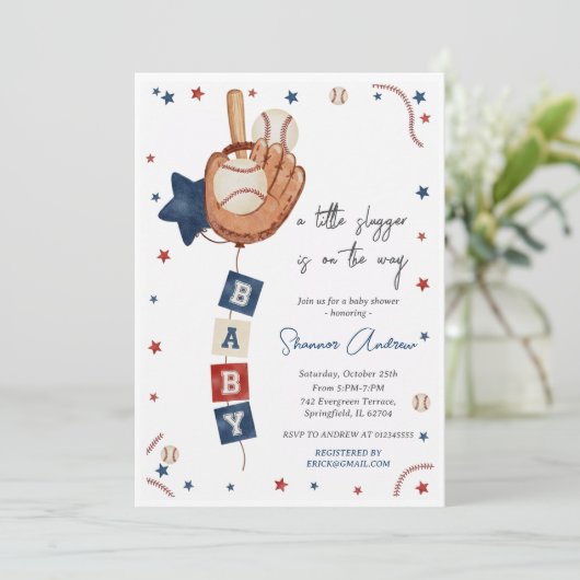 Editable Baseball Baby Shower Little Rookie 招待状 (スタンド正面)