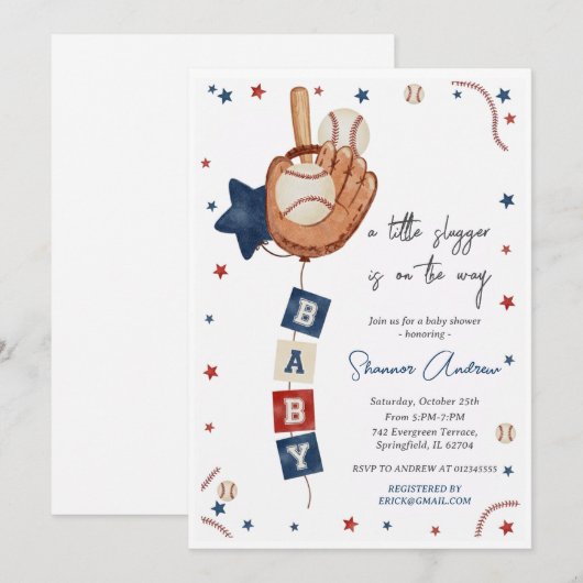 Editable Baseball Baby Shower Little Rookie 招待状 (正面/裏面)