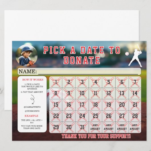 Editable Baseball Fundraiser Calendar  招待状 (正面/裏面)