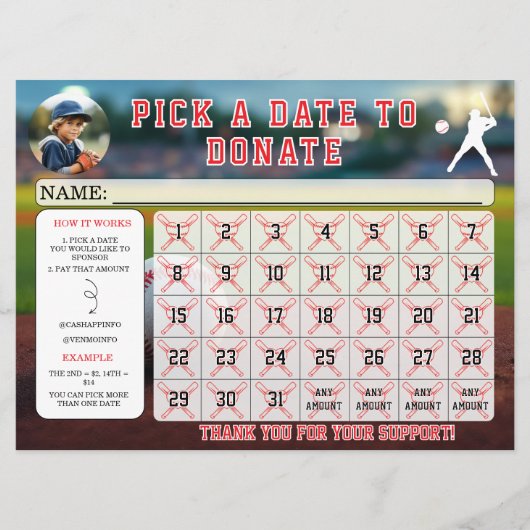 Editable Baseball Fundraiser Calendar  招待状 (正面)