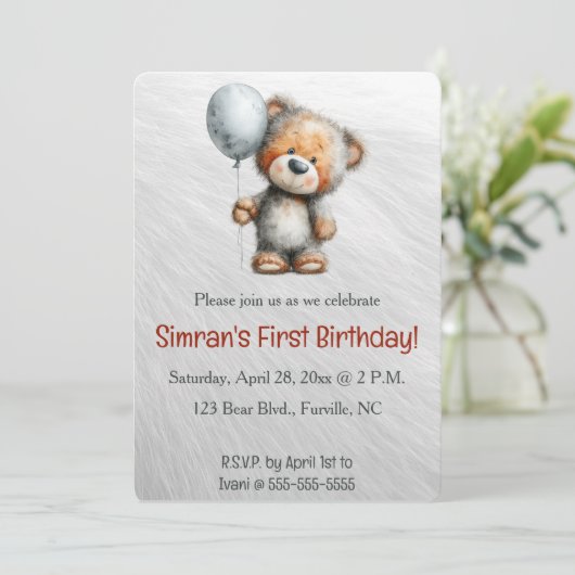 Editable Bear and a Balloon Birthday 招待状 (スタンド正面)