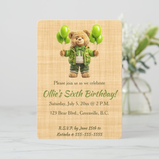 Editable Bear With Green Balloons Birthday 招待状 (スタンド正面)