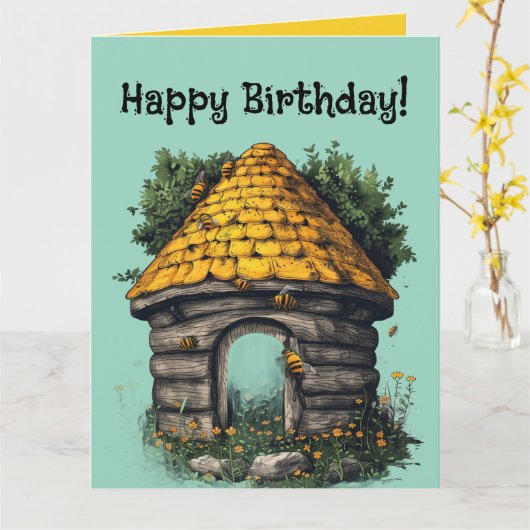 Editable Bees and a Beehive Greeting カード (黄色い花)