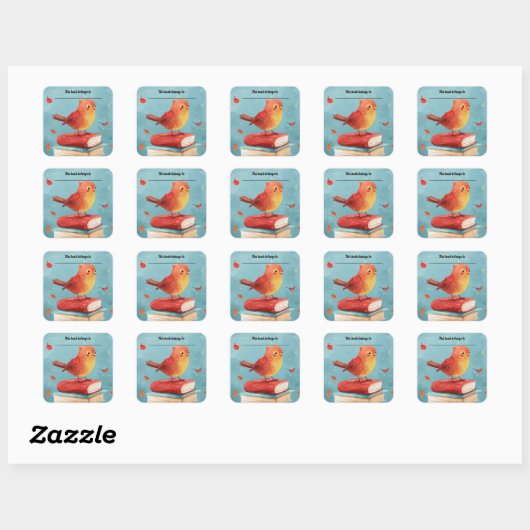 Editable Bird on Books Bookplate Sticker スクエアシール (シート)