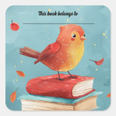 Editable Bird on Books Bookplate Sticker スクエアシール (正面)