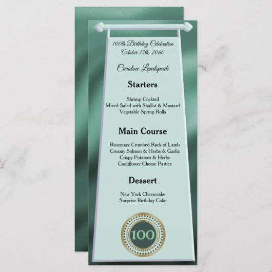 Editable Birthday Menu 100th Green Glitter メニュー (正面/裏面)
