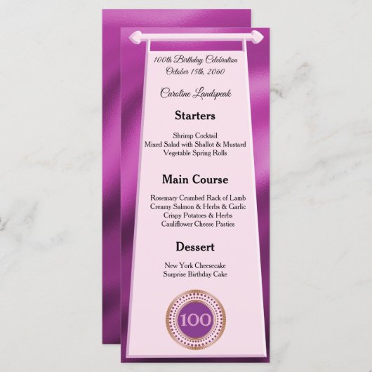 Editable Birthday Menu 100th Pink Glitter メニュー (正面/裏面)