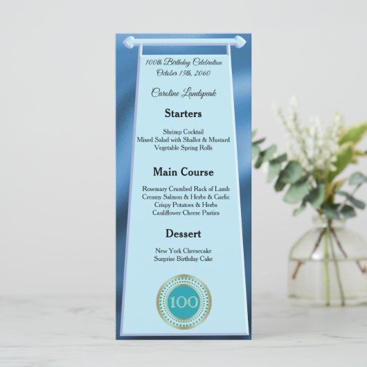 Editable Birthday Menu 100th Teal Blue Glitter メニュー (スタンド正面)