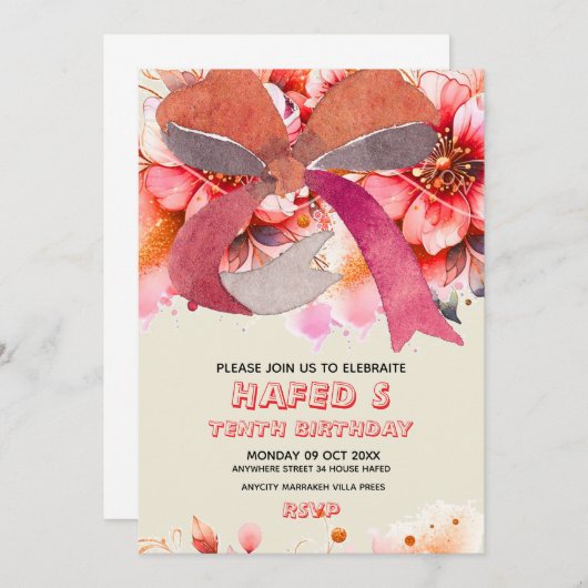 Editable Birthday tenth  Coquette Pink Bow Birthda 招待状 (正面/裏面)