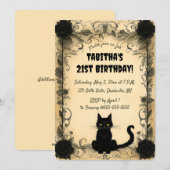 Editable Black Cat And Black Flowers 招待状 (正面/裏面)