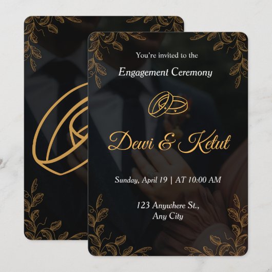 Editable Black Gold Engagement Invitation Template 招待状 (正面/裏面)