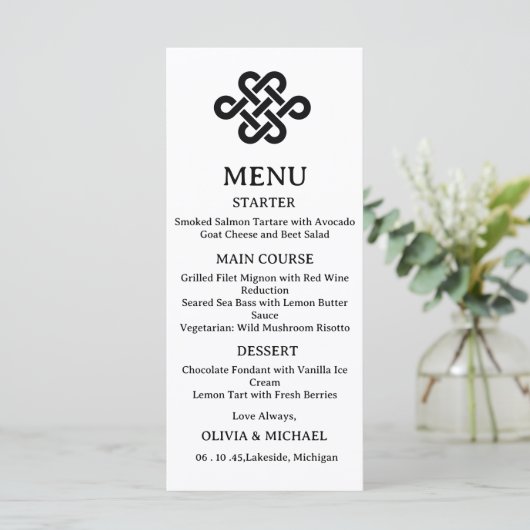 Editable Black & White Trinity Celtic Knot Wedding メニュー (スタンド正面)