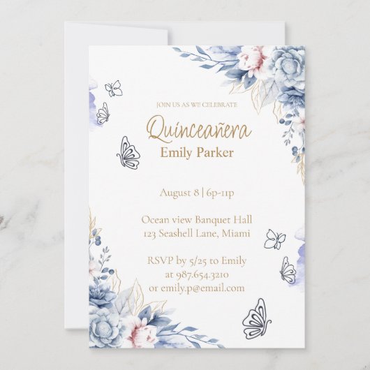 Editable Blue and Gold Quinceañera Invitation 招待状 (正面)