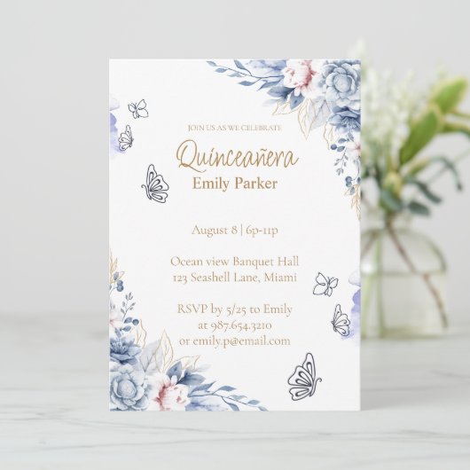 Editable Blue and Gold Quinceañera Invitation 招待状 (スタンド正面)