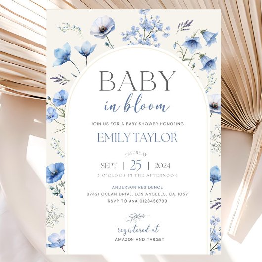 Editable Blue Baby In Bloom Baby Shower Invitation 招待状