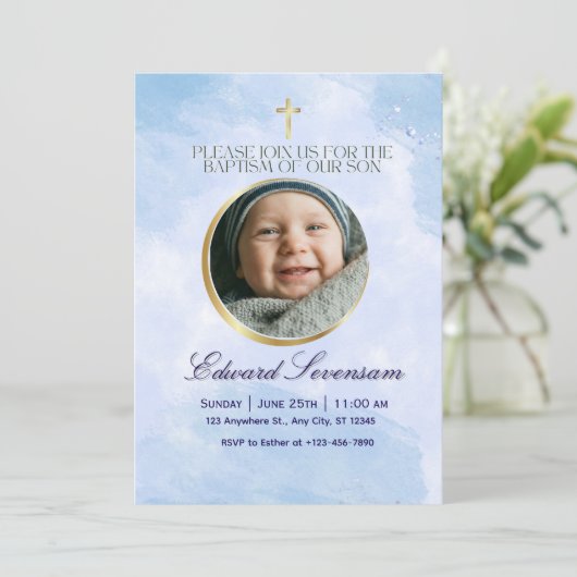 Editable Blue Cloud Baby Boy Baptism  招待状 (スタンド正面)