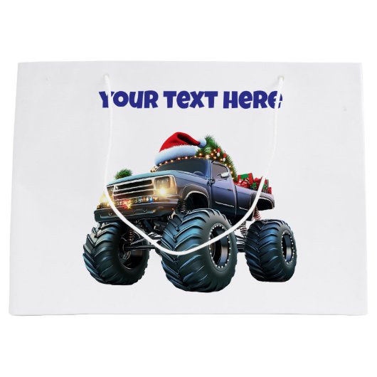 Editable Blue Monster Truck Christmas Gift Bag ラージペーパーバッグ (正面)