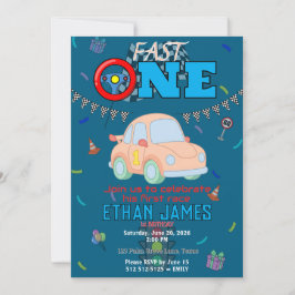 Editable Blue Racing Car Boy 1st Birthday Invitati 招待状