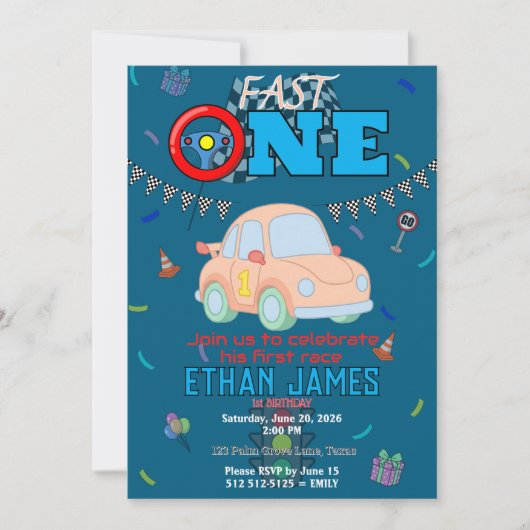 Editable Blue Racing Car Boy 1st Birthday Invitati 招待状 (正面)