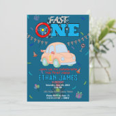 Editable Blue Racing Car Boy 1st Birthday Invitati 招待状 (スタンド正面)