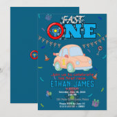 Editable Blue Racing Car Boy 1st Birthday Invitati 招待状 (正面/裏面)