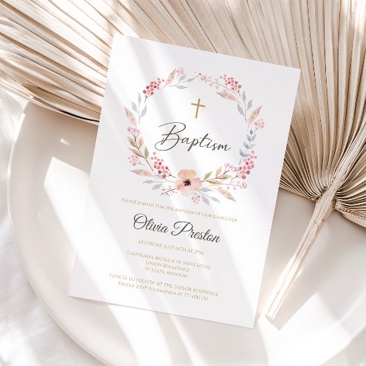 Editable Boho Floral Girl Baptism Invitation 招待状