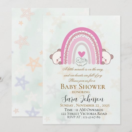 Editable Boho Rainbow Baby Shower Invitation 招待状 (正面/裏面)