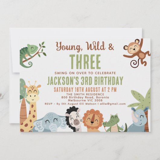 Editable Brown Green Young Wild Three 3rd Birthday 招待状 (正面)