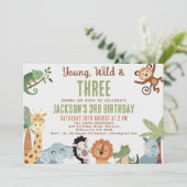 Editable Brown Green Young Wild Three 3rd Birthday 招待状 (スタンド正面)