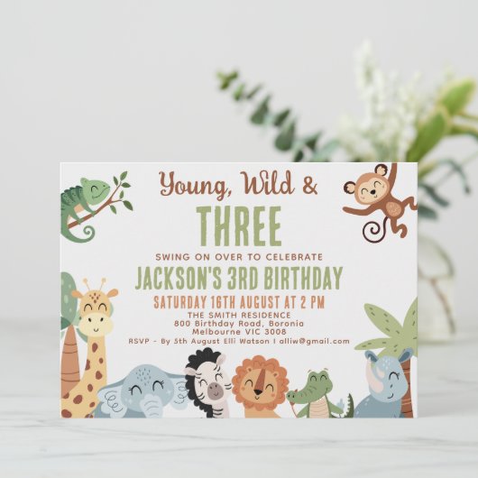Editable Brown Green Young Wild Three 3rd Birthday 招待状 (スタンド正面)