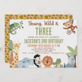 Editable Brown Green Young Wild Three 3rd Birthday 招待状 (正面/裏面)
