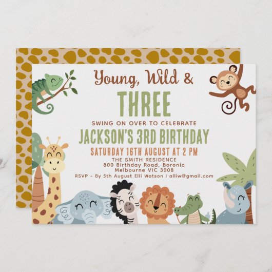Editable Brown Green Young Wild Three 3rd Birthday 招待状 (正面/裏面)